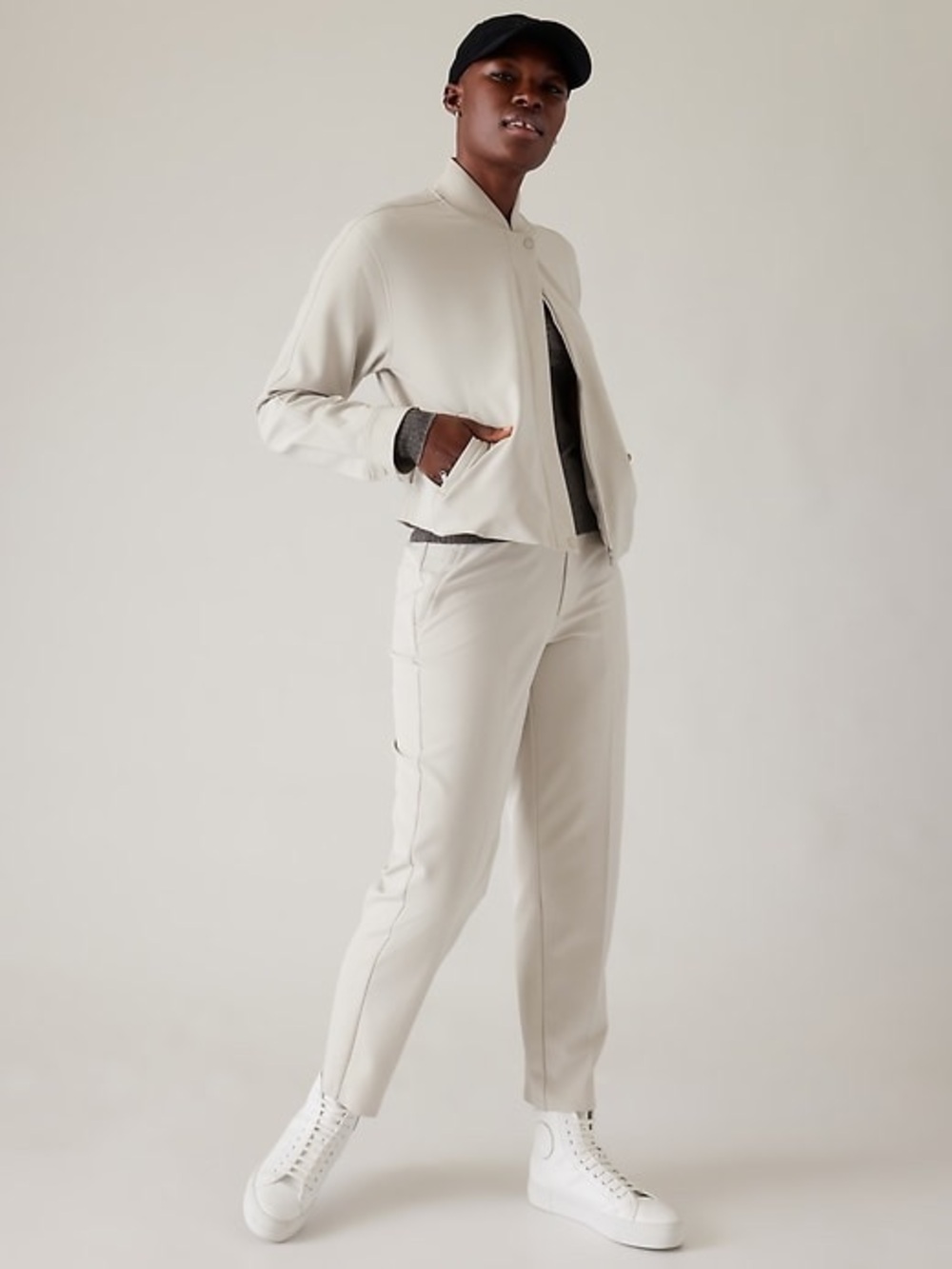 Athleta Endless Lightweight Bomber Jacket and Pants in Light Cream size Large